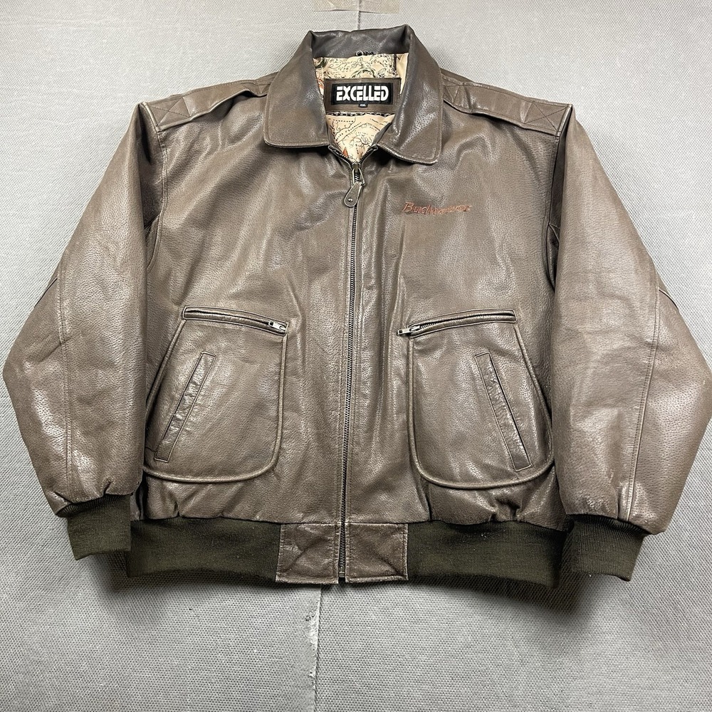 Vintage Excelled Leather Jacket Budweiser‎ Mens 2XL Brown Map Lined Zip Up Lined